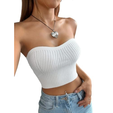 Verdusa Women's Sweetheart Neck Ribbed Crop Tube Top - Stylish Strapless Bandeau in White, Size Smal...