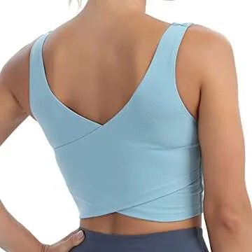 MATHACINO Longline Sports Bras for Women, V-Neck Workout Padded Sports Yoga Bra Aesthetic Sports BraTank Tops Crop Top Blue