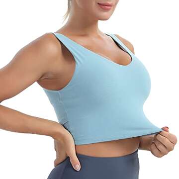 MATHACINO Longline Sports Bras for Women, V-Neck Workout Padded Sports Yoga Bra Aesthetic Sports BraTank Tops Crop Top Blue