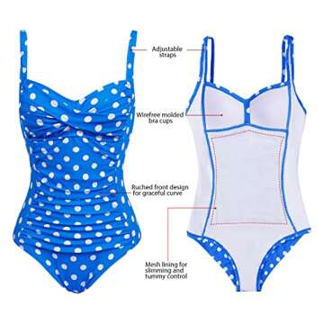 Womens Vintage Long Torso Tummy Control One Piece Swim Suit(Neon Blue Dot,Size 14)