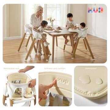 KUB High Chair for Babies and Toddlers Adjustable Foldable Convertible 5 Point Harness Easy Clean Wood-Printed Metal with Removable Tray Baby Highchair for Family (White&Natural Wood-Printed Metal)