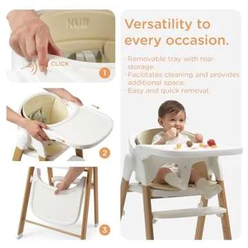 KUB High Chair for Babies and Toddlers Adjustable Foldable Convertible 5 Point Harness Easy Clean Wood-Printed Metal with Removable Tray Baby Highchair for Family (White&Natural Wood-Printed Metal)
