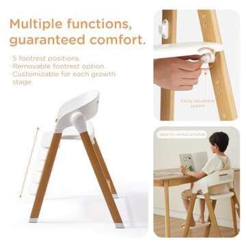 KUB High Chair for Babies and Toddlers Adjustable Foldable Convertible 5 Point Harness Easy Clean Wood-Printed Metal with Removable Tray Baby Highchair for Family (White&Natural Wood-Printed Metal)