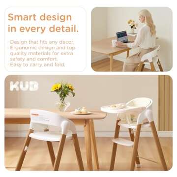 KUB High Chair for Babies and Toddlers Adjustable Foldable Convertible 5 Point Harness Easy Clean Wood-Printed Metal with Removable Tray Baby Highchair for Family (White&Natural Wood-Printed Metal)
