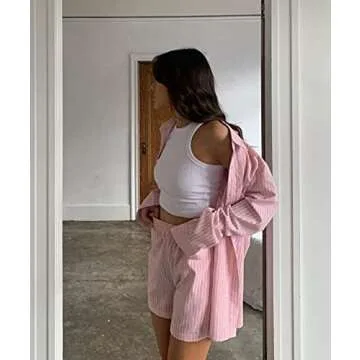 SAFRISIOR Women’s 2 Piece Casual Tracksuit Outfit Sets Stripe Long Sleeve Shirt And Loose High Waisted Mini Shorts Set