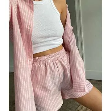 SAFRISIOR Women’s 2 Piece Casual Tracksuit Outfit Sets Stripe Long Sleeve Shirt And Loose High Waisted Mini Shorts Set
