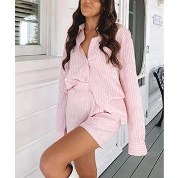 SAFRISIOR Women’s 2 Piece Casual Tracksuit Outfit Sets Stripe Long Sleeve Shirt And Loose High Waisted Mini Shorts Set