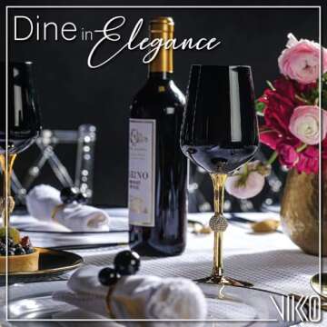 Vikko Décor Black and Gold Wine Glasses | 11 Ounce Cup – Striking Black and Gold Design with Diamante Accents – Dishwasher Safe – Set of Six Stunning Wine Glasses – 8.4” x 2.3”