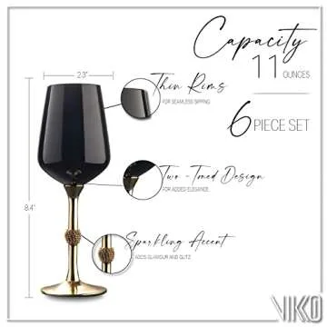Vikko Décor Black and Gold Wine Glasses | 11 Ounce Cup – Striking Black and Gold Design with Diamante Accents – Dishwasher Safe – Set of Six Stunning Wine Glasses – 8.4” x 2.3”