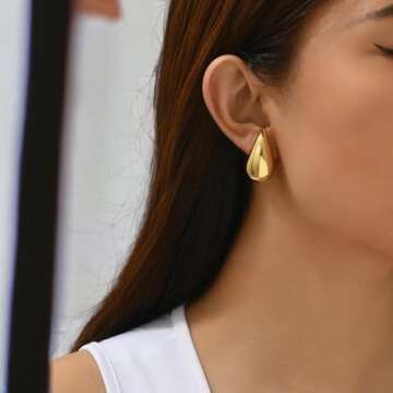 Teardrop Chunky Gold Earrings, Lightweight 18K Gold Plated Hoop Earrings Dupe for Women, Hypoallergenic Trendy Statement Hollow Earrings