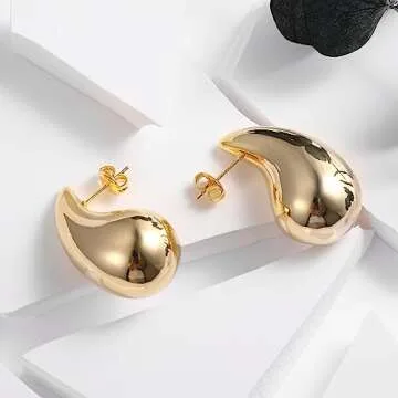 Teardrop Chunky Gold Earrings, Lightweight 18K Gold Plated Hoop Earrings Dupe for Women, Hypoallergenic Trendy Statement Hollow Earrings