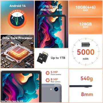 High-Performance 10.1" Android Tablet with 10GB RAM, 128GB Storage