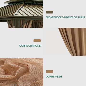 YITAHOME 10x10ft Hardtop Gazebo with Nettings and Curtains, Heavy Duty Double Roof Galvanized Steel Outdoor Combined of Horizontal Vertical Stripes Roof for Patio, Backyard, Deck, Lawn (Bronze)