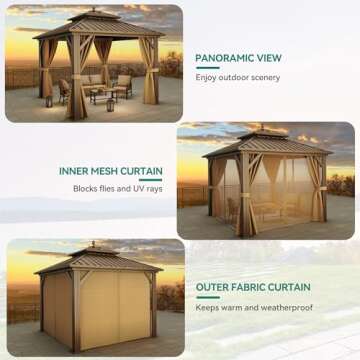 YITAHOME 10x10ft Hardtop Gazebo with Nettings and Curtains, Heavy Duty Double Roof Galvanized Steel Outdoor Combined of Horizontal Vertical Stripes Roof for Patio, Backyard, Deck, Lawn (Bronze)