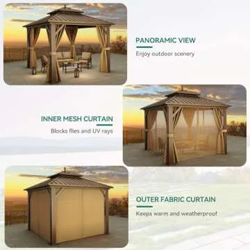 YITAHOME 10x10ft Hardtop Gazebo with Nettings and Curtains, Heavy Duty Double Roof Galvanized Steel Outdoor Combined of Horizontal Vertical Stripes Roof for Patio, Backyard, Deck, Lawn (Bronze)