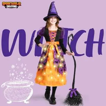Spooktacular Creations Light Up Witch Costume with Broom and Hat for Girls, Kids, Tollders Halloween...