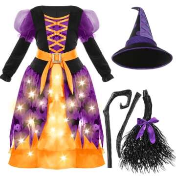 Spooktacular Creations Light Up Witch Costume with Broom and Hat for Girls, Kids, Tollders Halloween Dress Up, Role Play (Large (10-12yr))
