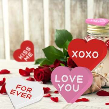 Valentines Day Table Sign Decor, 6 Piece Small Wooden Candy Heart Table Rustic Centerpiece Decoration for Home