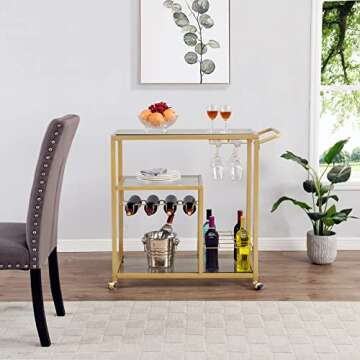 FABOMEI Rolling Bar Carts Gold with Wheels,Home Bar Serving Cart with Glass Wine Holders 3 Tier for ...