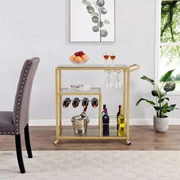FABOMEI Rolling Bar Carts Gold with Wheels,Home Bar Serving Cart with Glass Wine Holders 3 Tier for ...