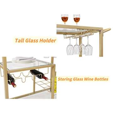 FABOMEI Gold Rolling Bar Cart with Glass Wine Holders