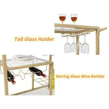 FABOMEI Gold Rolling Bar Cart with Glass Wine Holders