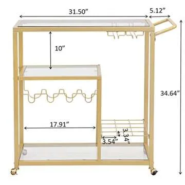 FABOMEI Gold Rolling Bar Cart with Glass Wine Holders