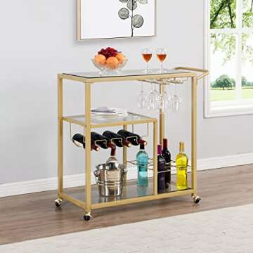 FABOMEI Gold Rolling Bar Cart with Glass Wine Holders