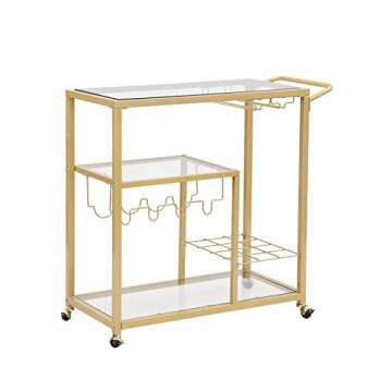 FABOMEI Gold Rolling Bar Cart with Glass Wine Holders
