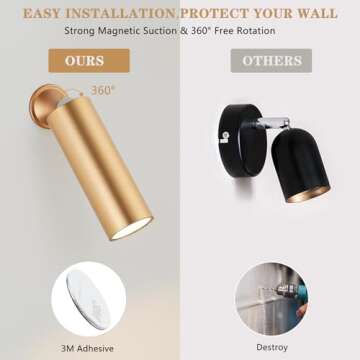 Hillsboro Wall Sconces Set of Two Battery Operated, 3 Colors Dimmable Battery Powered Wall Sconce,Brushed Gold Magnetic Wall Light, Portable Wall Light for Bedroom, Peel and Stick Sconce Lights