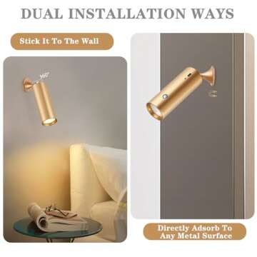 Hillsboro Wall Sconces Set of Two Battery Operated, 3 Colors Dimmable Battery Powered Wall Sconce,Brushed Gold Magnetic Wall Light, Portable Wall Light for Bedroom, Peel and Stick Sconce Lights