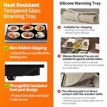 Electric Warming Tray（Large 22”x14”），Food Warmer with Thermostat and Full Surface Heating，Food Warming Mat with 2 Temperature Modes for Parties Buffet，Gatherings，Heat Resistant Glass，Black