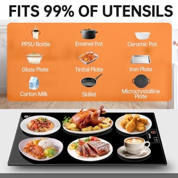Electric Warming Tray（Large 22”x14”），Food Warmer with Thermostat and Full Surface Heating，Food Warming Mat with 2 Temperature Modes for Parties Buffet，Gatherings，Heat Resistant Glass，Black