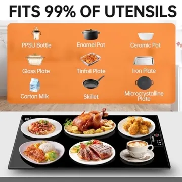 Electric Warming Tray（Large 22”x14”），Food Warmer with Thermostat and Full Surface Heating，Food Warming Mat with 2 Temperature Modes for Parties Buffet，Gatherings，Heat Resistant Glass，Black