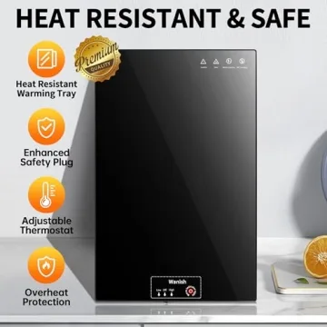 Electric Warming Tray（Large 22”x14”），Food Warmer with Thermostat and Full Surface Heating，Food Warming Mat with 2 Temperature Modes for Parties Buffet，Gatherings，Heat Resistant Glass，Black