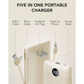 VRURC Portable Charger Built-in Cables and AC Wall Plug, USB C Power Bank 10000mAh, Portable Phone Charger Compact Lightweight External Battery Pack for Smart Phones, Tablets etc-Light Coffee