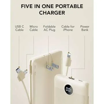 VRURC Portable Charger Built-in Cables and AC Wall Plug, USB C Power Bank 10000mAh, Portable Phone Charger Compact Lightweight External Battery Pack for Smart Phones, Tablets etc-Light Coffee