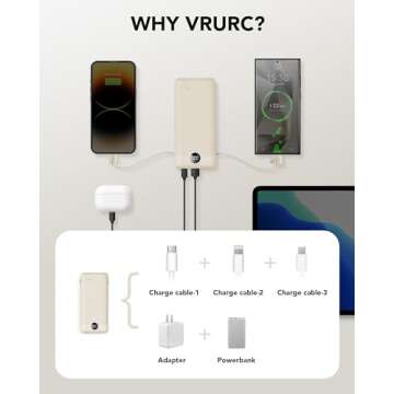 VRURC Portable Charger Built-in Cables and AC Wall Plug, USB C Power Bank 10000mAh, Portable Phone Charger Compact Lightweight External Battery Pack for Smart Phones, Tablets etc-Light Coffee