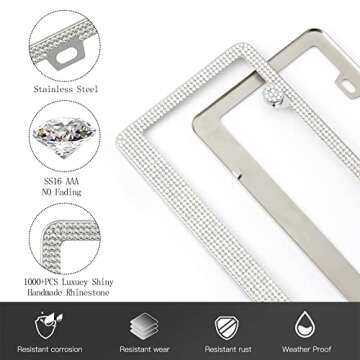 FIISFIIS Bling License Plate Frame for Women,2 Pack Premium Stainless Steel Rhinestone Car License Plate Holder,Handmade Glitter Crystal Diamond Girl Lincense Plate Cover,Bedazzled Sparkly Caps-White