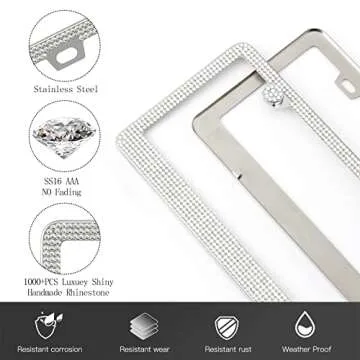 FIISFIIS Bling License Plate Frame for Women,2 Pack Premium Stainless Steel Rhinestone Car License Plate Holder,Handmade Glitter Crystal Diamond Girl Lincense Plate Cover,Bedazzled Sparkly Caps-White