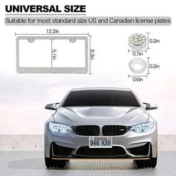 FIISFIIS Bling License Plate Frame for Women,2 Pack Premium Stainless Steel Rhinestone Car License Plate Holder,Handmade Glitter Crystal Diamond Girl Lincense Plate Cover,Bedazzled Sparkly Caps-White
