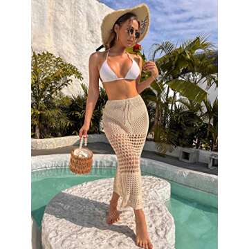 Verdusa Women's Hollow Out Swimsuit Beach Crochet Cover Up Skirts Khaki S