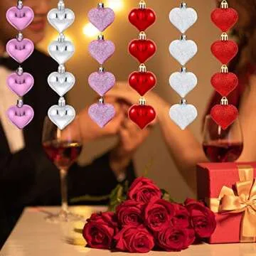 Emopeak Romantic Heart Ornaments for Valentine Tree, 24 Pieces Valentine's Day Heart Baubles - 2 Sty...