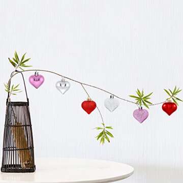 Emopeak Romantic Heart Ornaments for Valentine Tree, 24 Pieces Valentine's Day Heart Baubles - 2 Styles (Glossy, Glitter) 3 Color - Hanging Decorations for Home Wedding Party