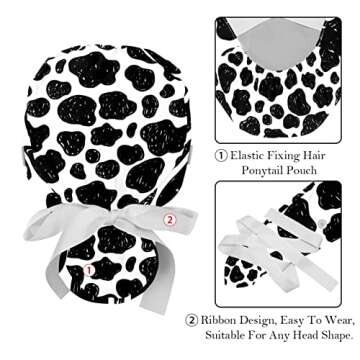 FFLOWER Abstract Sketch Cow Skin Print Working Caps with Buttons, Long Hair Scrub Hats Ponytail Holder for Women, Multicoloured 20, One Size
