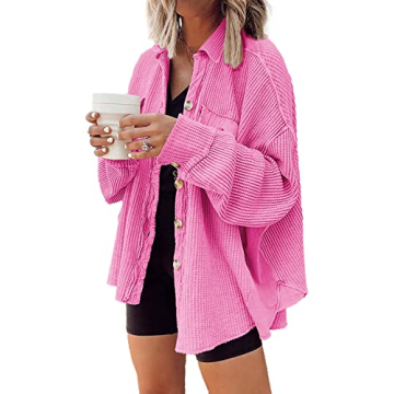 Nirovien Waffle Knit Tops for Women Oversized Long Sleeve Button Down Shirts Waffle Shacket with Pockets(Hot Pink,L)