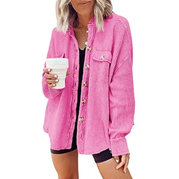 Nirovien Waffle Knit Tops for Women Oversized Long Sleeve Button Down Shirts Waffle Shacket with Pockets(Hot Pink,L)