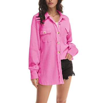 Nirovien Waffle Knit Tops for Women Oversized Long Sleeve Button Down Shirts Waffle Shacket with Pockets(Hot Pink,L)