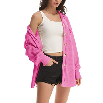 Nirovien Waffle Knit Tops for Women Oversized Long Sleeve Button Down Shirts Waffle Shacket with Pockets(Hot Pink,L)