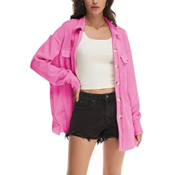 Nirovien Waffle Knit Tops for Women Oversized Long Sleeve Button Down Shirts Waffle Shacket with Pockets(Hot Pink,L)